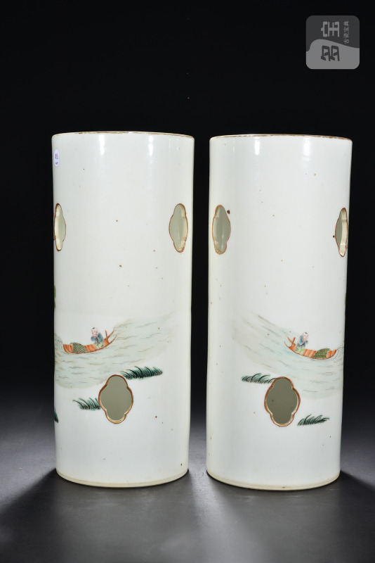 清 粉彩人物故事帽筒（2件） - 图4